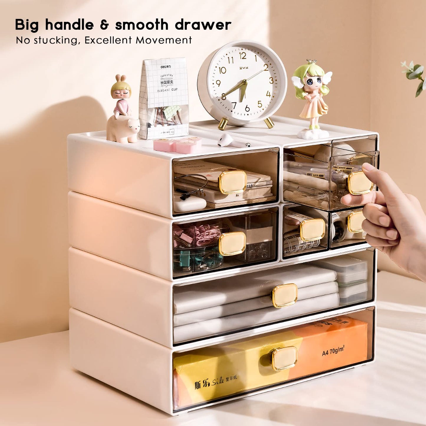 DETEIN 2 PACK Stackable Desk Organizer Stackable Storage Drawer Small Desk Organizer with Drawer Plastic Desktop Storage Organizer for Home, Office, Crafts, Pencils (White, M-1 Drawer, Pack of 2)