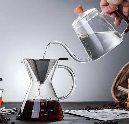 Pour Over Coffee Maker with Reusable Stainless Steel Drip Filter, Borosilicate Glass Carafe for 1-4 Cups