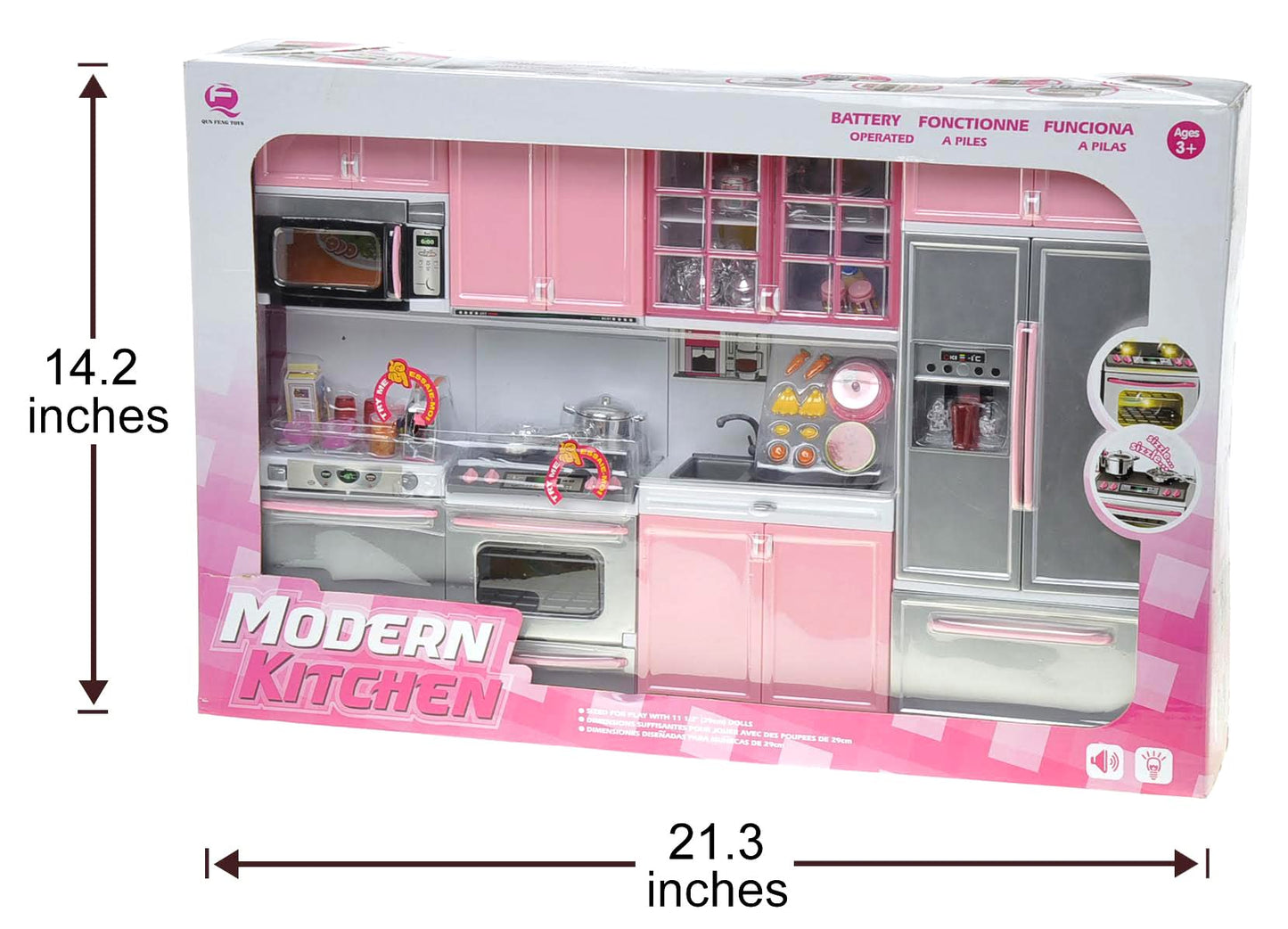 PowerTRC Doll Kitchen Play Set, Mini Modern Toy Pink Kitchen Pretend Play Furnitures Toy Set Accessories Set with Realistic Light & Sound for Kids Toddlers Girls (4-in-1)