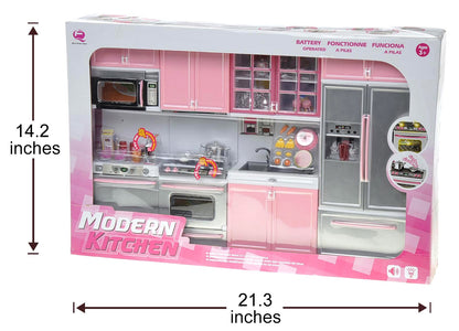 PowerTRC Doll Kitchen Play Set, Mini Modern Toy Pink Kitchen Pretend Play Furnitures Toy Set Accessories Set with Realistic Light & Sound for Kids Toddlers Girls (4-in-1)