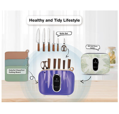 Charmline Smart Cutting Board and Knife Set with Holder, Double Cleaning and Drying Function, Space Saving Smart Home Gadgets, Keeping Kitchen Clean and Tidy, Brown