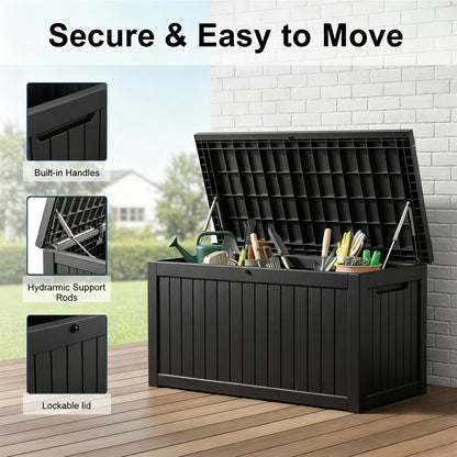 269 Gallon Large Outdoor Storage Box, Waterproof Deck Box with Lockable Lid, Resin Outside Storage Box for Patio Furniture, Pool Accessories, Garden Tools, Storage Bench for Backyard, Porch, Black