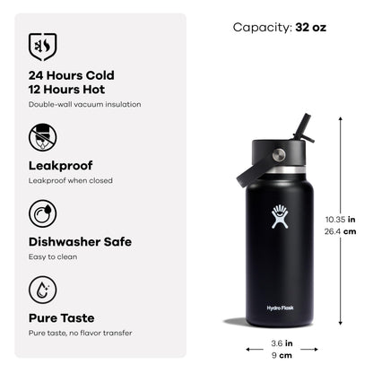 Hydro Flask Water Bottle - Insulated Stainless Steel - Wide Mouth Flex Straw Lid, Non Spill, Leakproof and Refillable in 32 Oz White