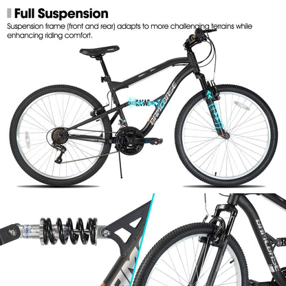 HH HILAND Full Suspension Mens Mountain Bike, 18 Speed, 26 Inch Wheel, Dual V Brake Bike for Men Womens Adult Bicycle