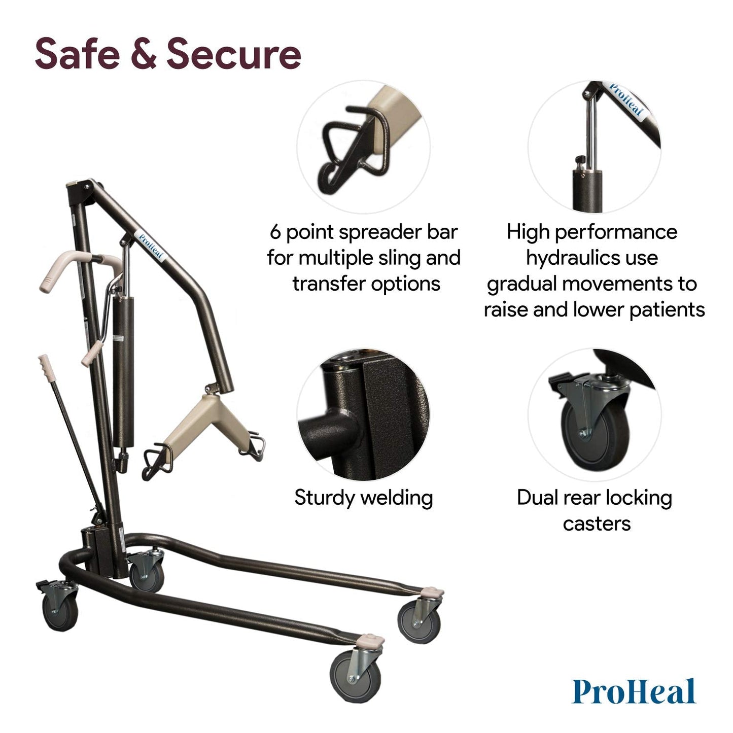 ProHeal Hydraulic Patient Lift - Manual Full Body Lifter for Handicapped, Senior and Immobile Patients - 6 Point Spreader, Chains Included, 450 lbs Capacity