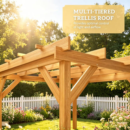6.5x6.5 FT Outdoor Wood Pergola, Natural Fir Wood Patio Pergola with Reinforced Frame, Open Roof for Climbing Plants, Garden Backyard Deck Shade Structure, Dark Brown