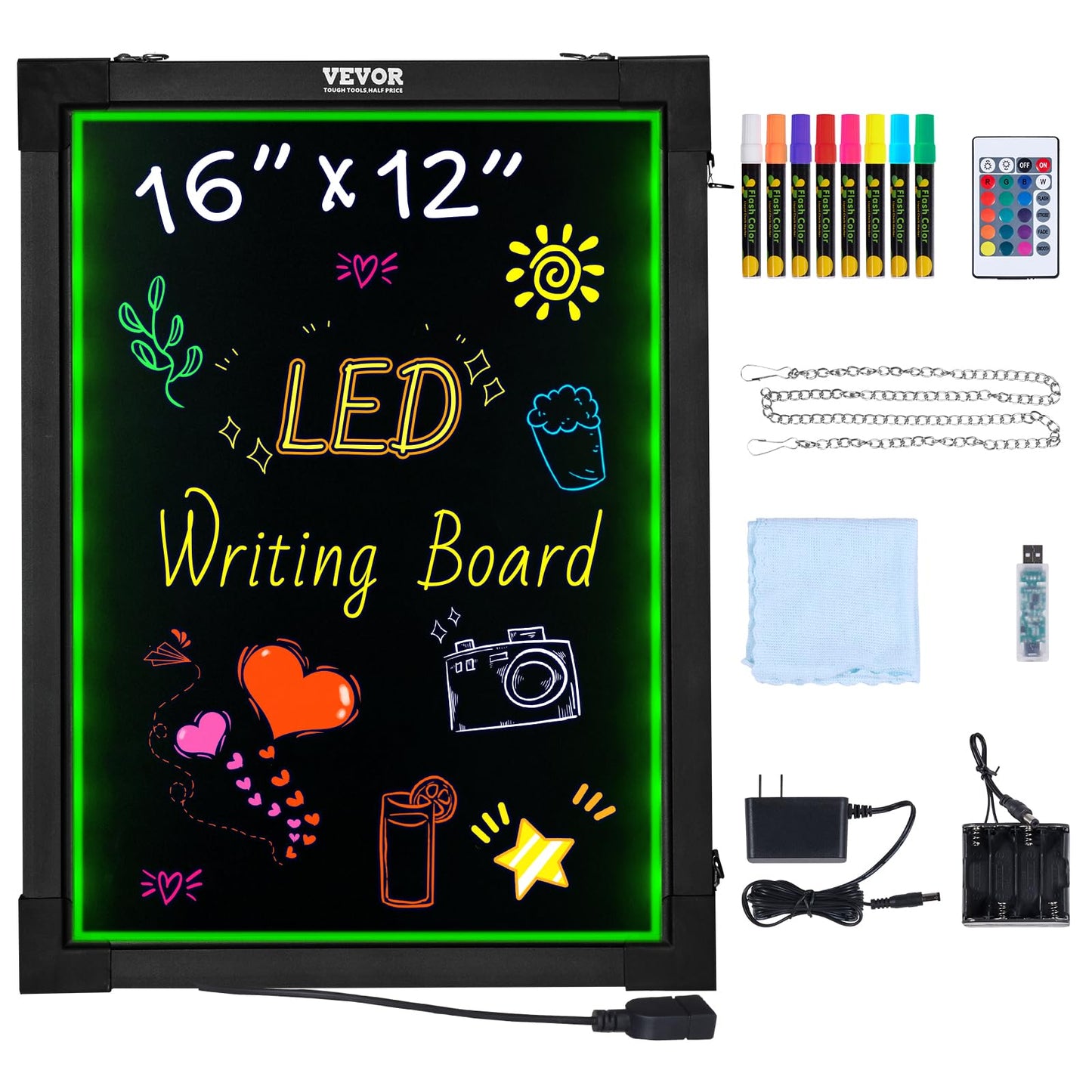 VEVOR 32"x24" LED Message Writing Board, Menu Sign Boards, Illuminated Erasable Lighted Chalkboard, Neon Effect Drawing Panel with 8 Fluorescent Chalk Markers and Remote Control