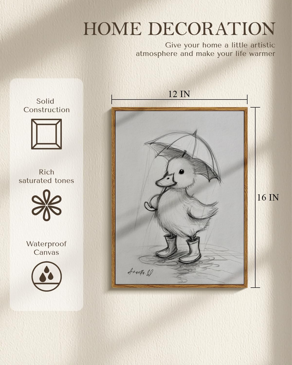 12x16 Inch, Framed Duck Canvas Wall Art Cute Baby Duck Sketch Illustration with Umbrella Print, Minimalist Black