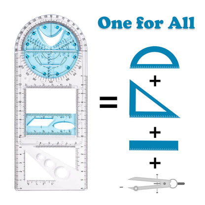 4 Pack Multifunctional Geometric Ruler, Mathematics Measuring Tool Draft Rulers Set, Rotatable Circular Drawing Template Ruler for Student Studying Designing Office Supplies (4 Styles)