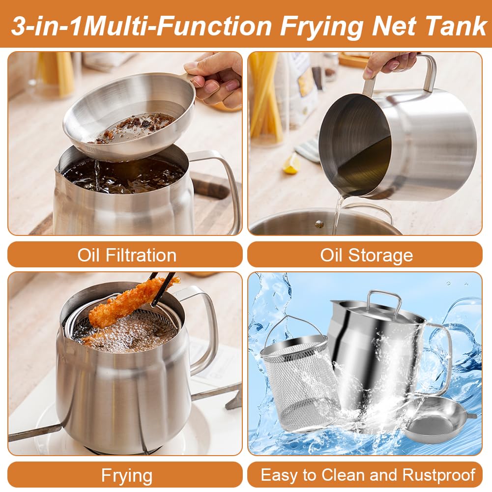 68oz Deep Fryer Pot with Basket and Oil Strainer, Abnaok 304 Stainless Steel Deep Frying Pot for French Fries, Chicken, or Japanese Tempura, Heavy Duty Bacon Grease Strainer