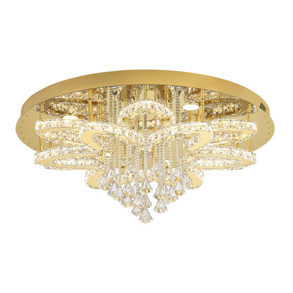 Flashing God 32'' Modern Crystal Chandeliers for Living Room Crystal Ceiling Light Fixture LED Dimmable Pendant Lighting Flush Mount Ceiling Chandelier for Dining Room Bedrooms Foyer Gold