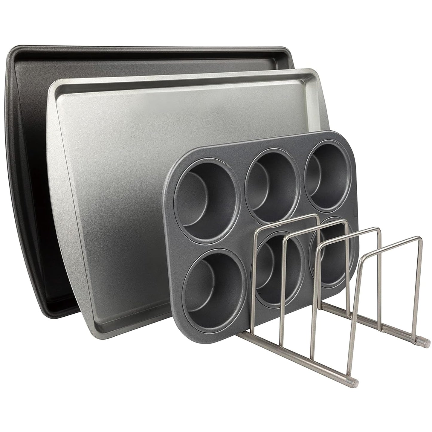 FitWell Kitchen Bakeware Organizer,Plate Racks,Rack for Plastic Lids,Cutting Boards,Cookie Sheets,Pots & Pans Holder,Compact Kitchen Storage,Cabinet Organizer