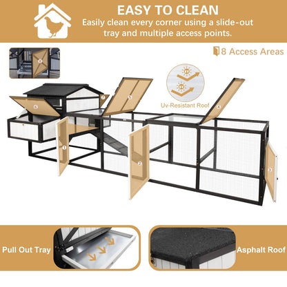 PetsCosset 116" L Large Chicken Coop and Run, Hen House with 4 Nesting Box Boxes, Rabbit Hutch Poultry Bunny Cage for 4-6 Chickens with 4 Perches, Removable Tray and Ramp and UV-Resistant Roof Panel