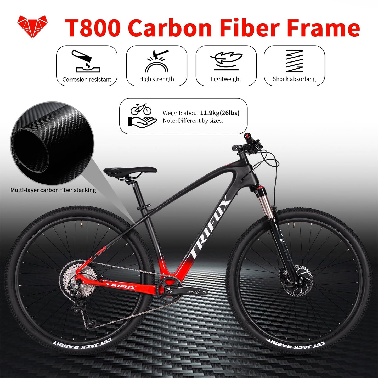TRIFOX Carbon Fiber Mountain Bike with Shimano M6100 Deore Groupset 12-Speed,Carbon Fiber Frame,Hydraulic Fork 130mm Travel,29er Mountain Bike for Adult 17/19 inch (Red, 29er * 17 inch)