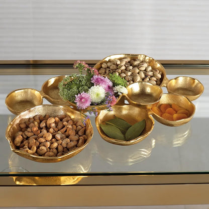 Zodax Cluster of Round Serving Bowls | Cast Aluminum Base | 9 Bowls | 19" x 12" x 2.5" | Gold Finish