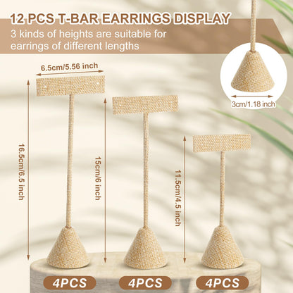 Marsui 12 Pcs Earring Display Set T Bar Earring Display Stand with 3 Heights Earrings Stand for Jewelry Vendors (Linen Color)
