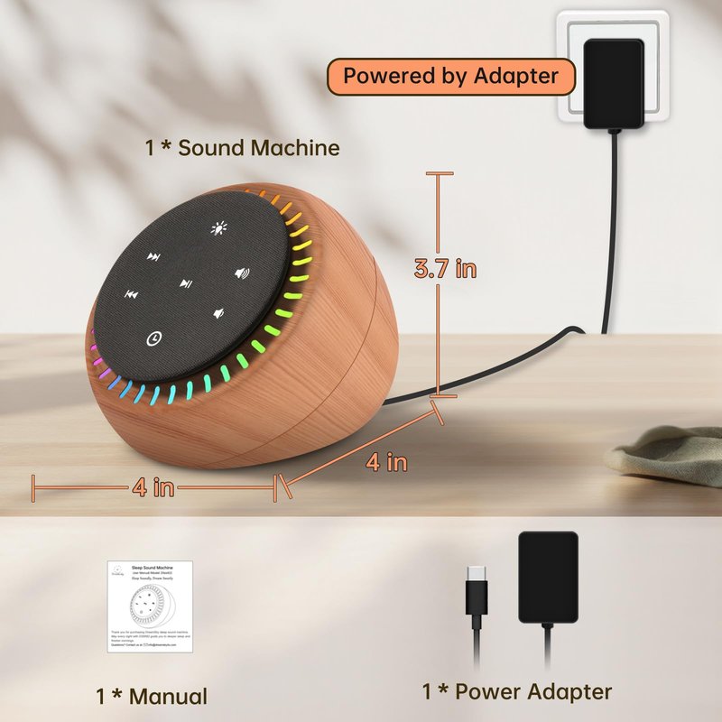 DreamSky Sound Machine for Sleep, White Noise for Sleeping Adults & Baby, Brown Noise Fan for Office Privacy & Noise Canceling, 26 Sounds & RGB Light, USB-C Powered for Home Travel, Wood Grain