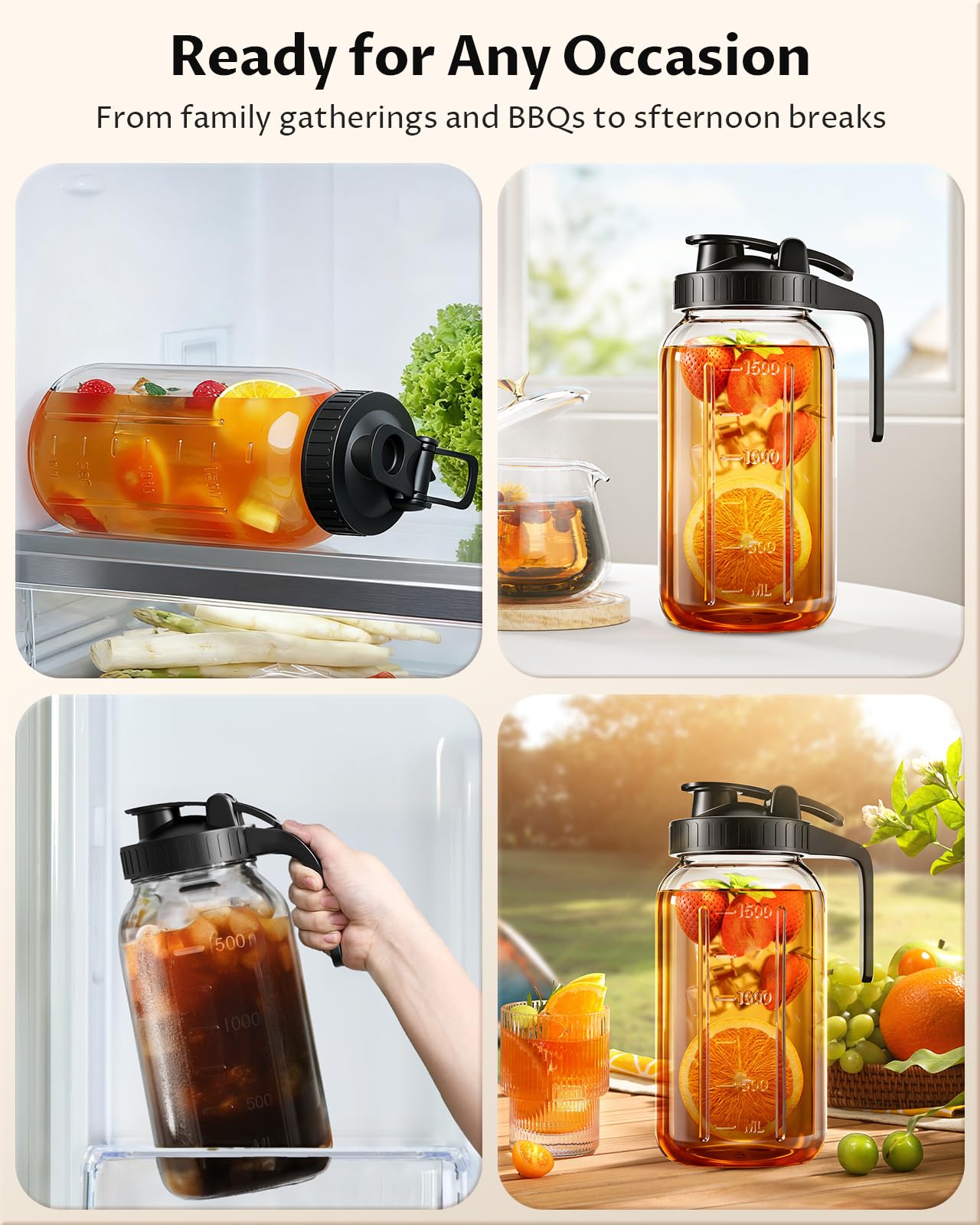 64 oz Mason Jar Pitcher – Airtight & Leakproof Glass Pitcher with Lid, Perfect for Iced Tae, Sun Tea, Cold Brew, Breastmilk, 2 Quart (1/2 Gallon) Mason Jar with Pour Spout Lid Flip-Cap & Handle