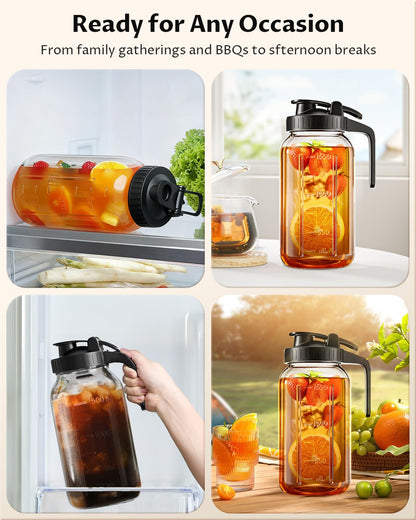 64 oz Mason Jar Pitcher – Airtight & Leakproof Glass Pitcher with Lid, Perfect for Iced Tae, Sun Tea, Cold Brew, Breastmilk, 2 Quart (1/2 Gallon) Mason Jar with Pour Spout Lid Flip-Cap & Handle