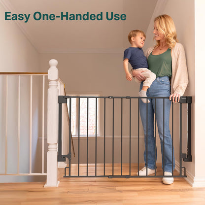 Cumbor 29.2–43" Baby Gate for Stairs, Hardware Mounted (Drill Required), Expandable No Bottom Bar Dog Gate, Auto Close Extra Wide Walk Thru, Pet & Toddler Proof Gate, Top & Bottom of Stairways(Black)