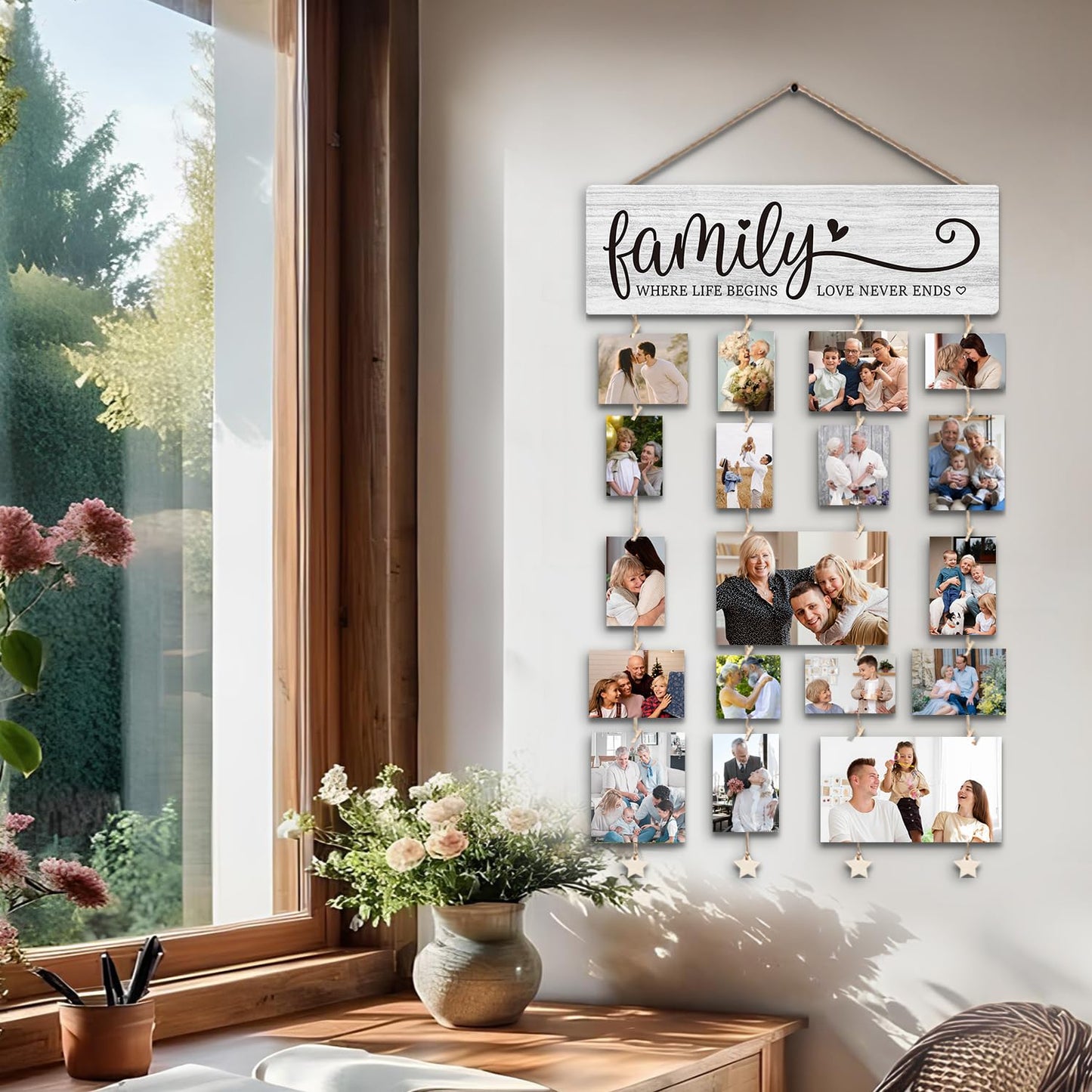 SJDFCSA Family Picture Frames Collage Photo Hanging Display Picture Board, Family Picture Frames Collage Wall Decor, Familys Where Life Begins Love Never Ends Home Living Room Bedroom Wall Decor XXXK