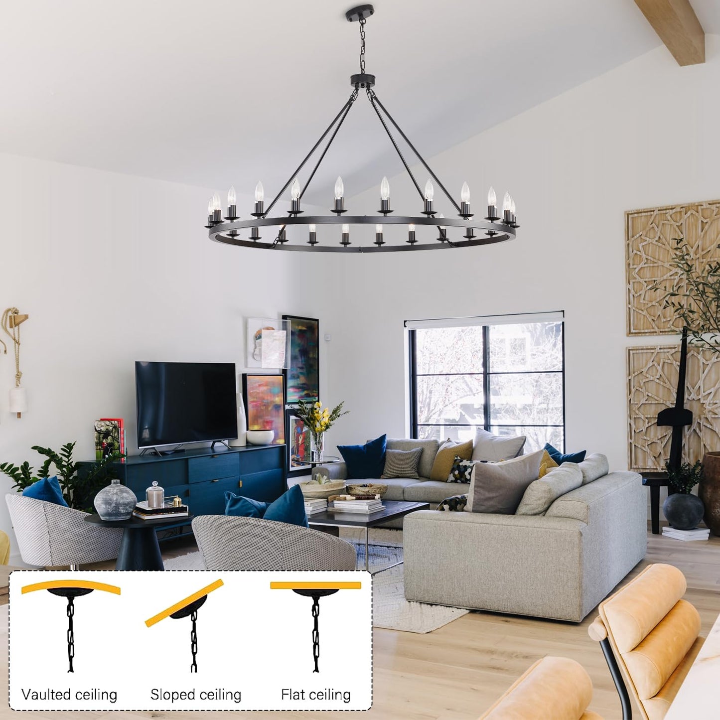 JKLX 48 Inch Black Large Wagon Wheel Chandelier, 24-Lights Farmhouse Industrial Round High Ceiling Light Fixture Adjustable Chain for Outdoor Porch,Foyer,Dining Room, Living Room