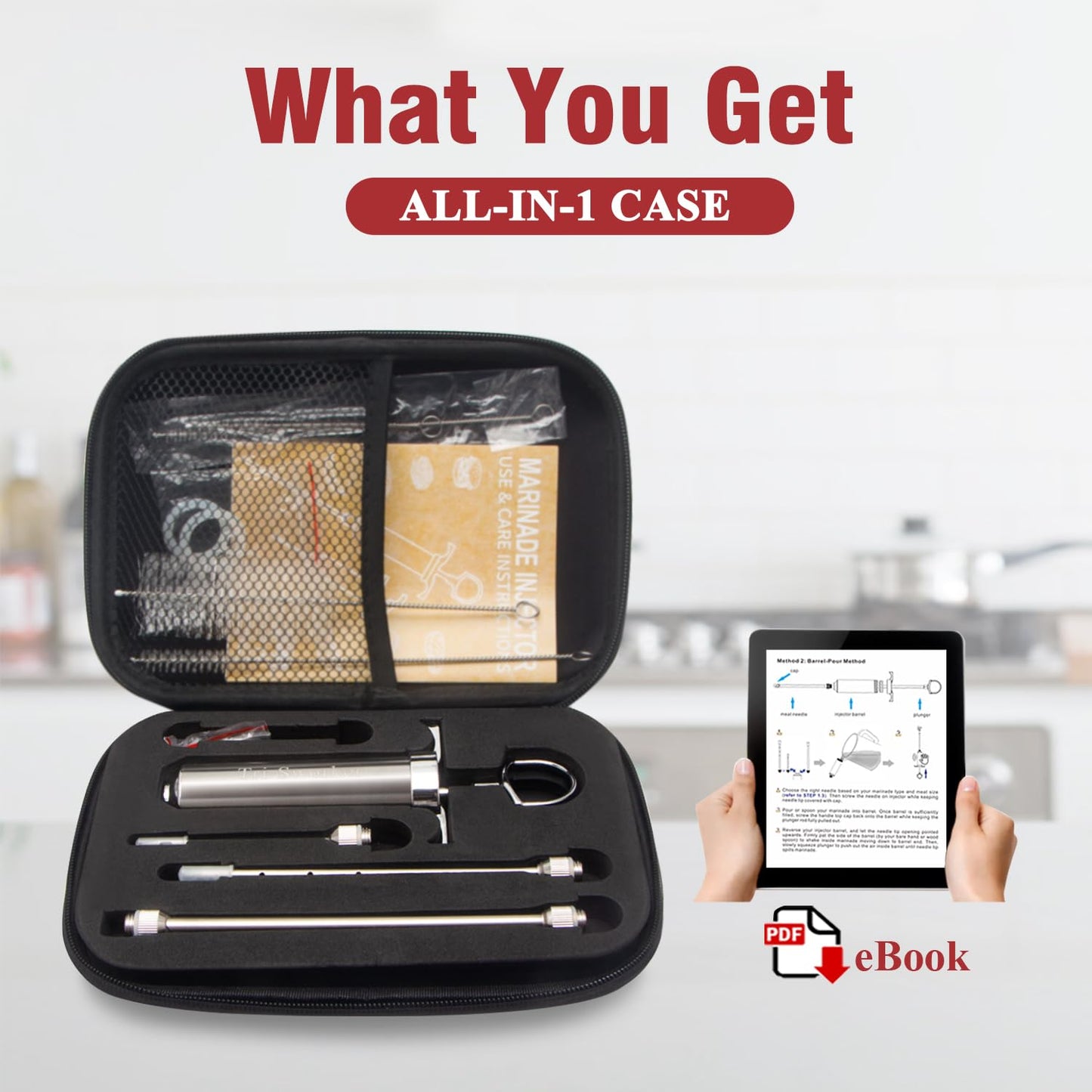 Tri-Sworker Meat Injectors for Smoking with Case and 4 Flavor Food Injector Syringe Needles, Injector Marinades for Meat, Turkey, Brisket; 2-oz; Including Paper and E-Book (PDF) User Manual