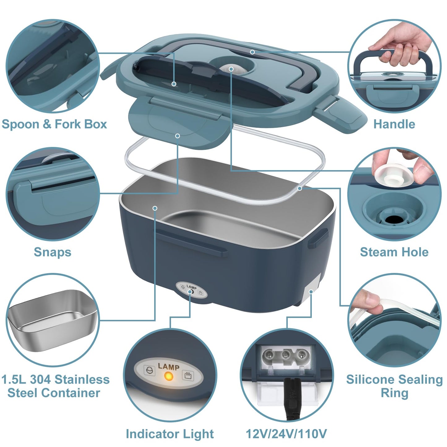 Electric Lunch Box Food Heater 80W Heated Lunch Box for Adults 12V 24V 110V 220V Portable Food Warmer LunchBox Lonchera Eléctrica Portátil for Car Truck Work Driver Valentine's Gift for Men Women