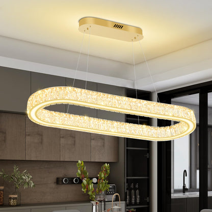 IDEQUY Gold 40in Crystal Ring Chandeliers for Dining Room Dimmable Linear Oval Crystal Ring Pendant Light for Kitchen Island 1 Linear Chandelier LED Acrylic Pendant Lighting