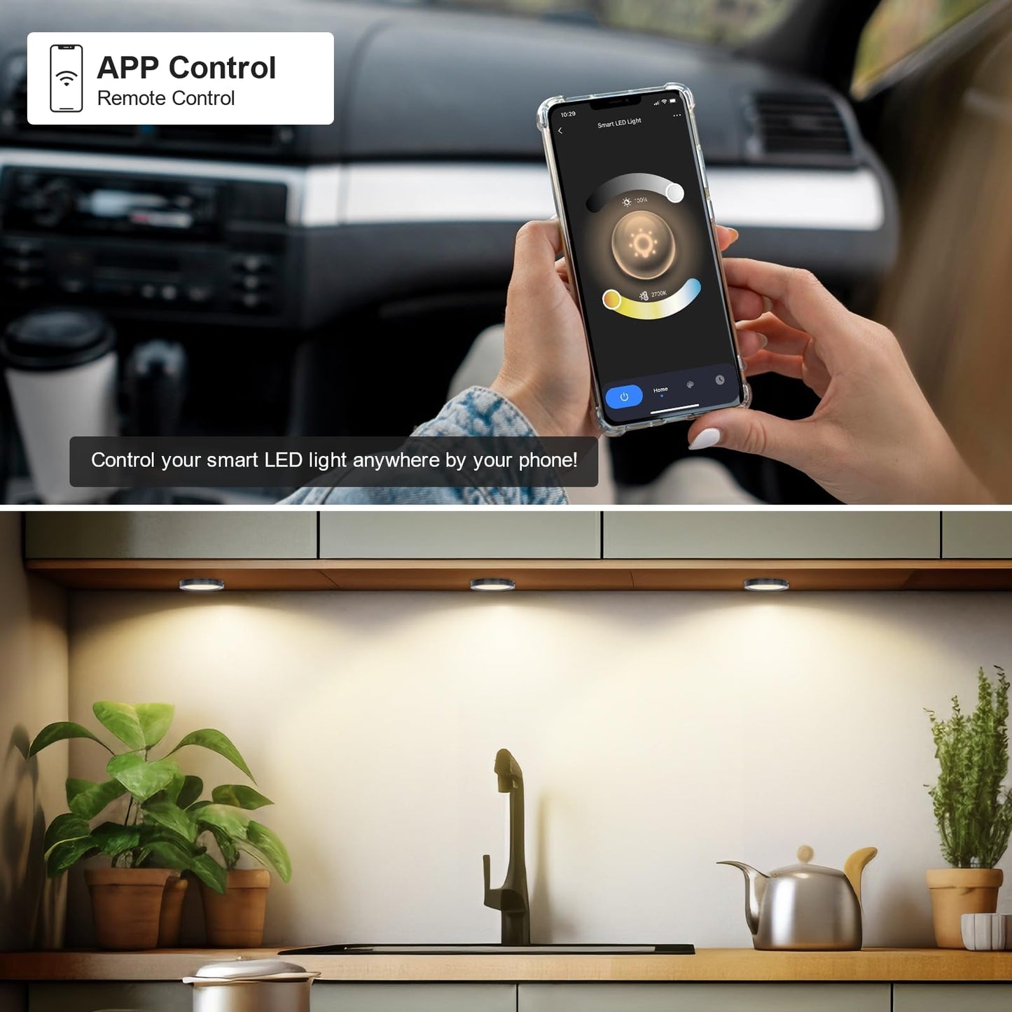 BLESSINGLUX 6pack LED Puck Light Kit, 2700-6000K Smart Round Under Cabinet Lighting with APP Control, Compatible with Alexa, Google Assistant, for Under Counter, Kitchen (Black)