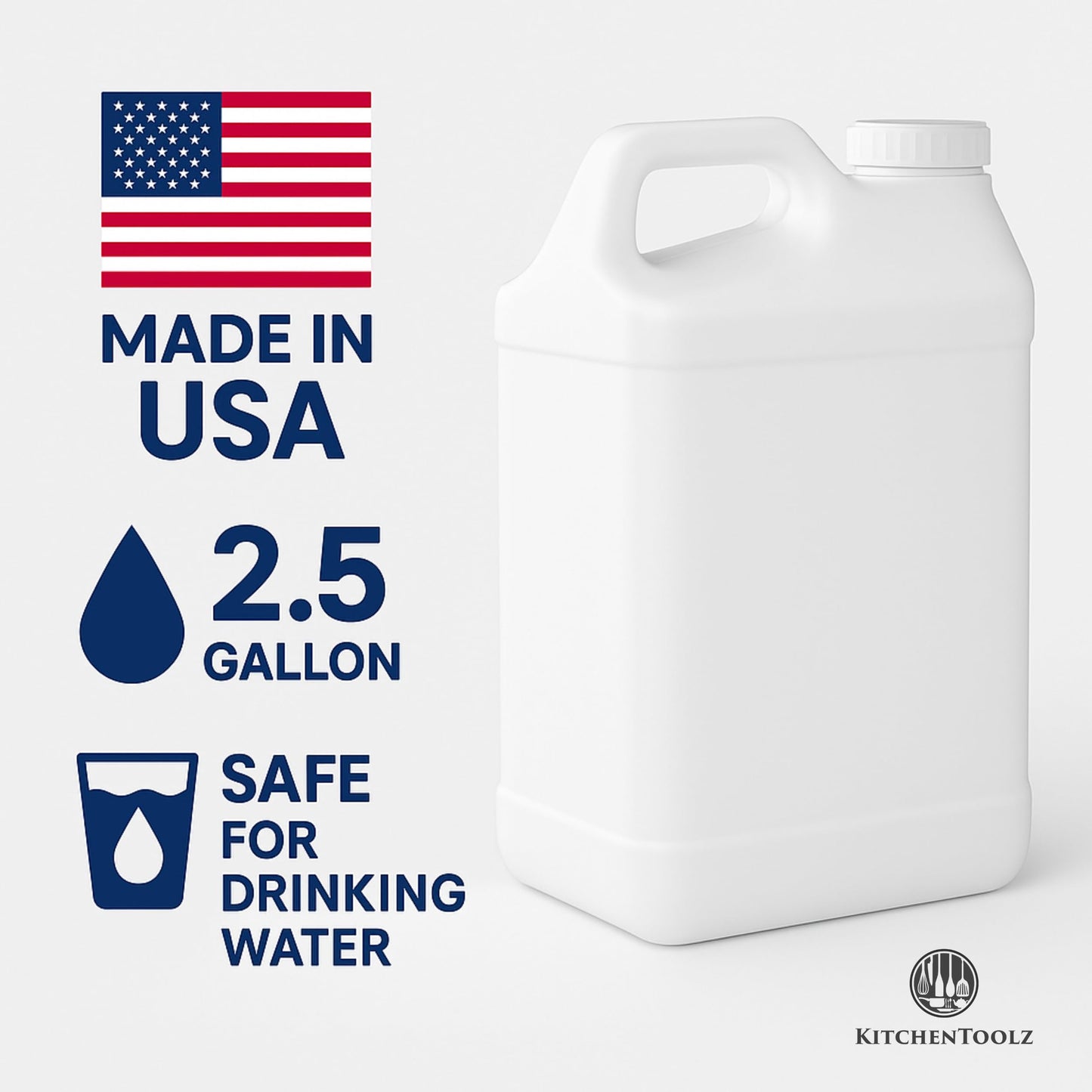 kitchentoolz 2.5 Gallon Water Jug – Heavy-Duty HDPE Carboy for Automotive Used Oil & Liquid Storage – 10 Quart Mixing Container with Secure Lid – Made in USA - White