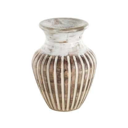 Deco 79 Mango Wood Decorative Vase Distressed Centerpiece Vase with Carved Grooves, Vase for Home Decoration 8" x 8" x 11", Brown