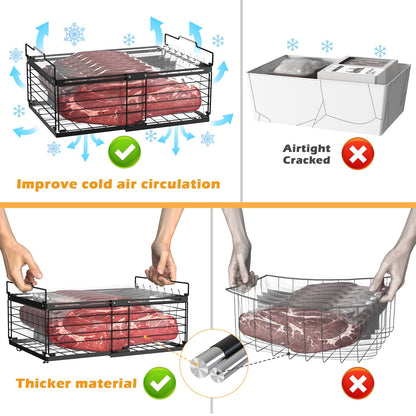 NADAMOO Freezer Organizer Bins, 2 Packs Large Expandable Stackable Chest Freezer Containers with Handle, Metal Adjustable Storage Baskets for Fridge, Deep Freezer, Cabinet, Kitchen, Pantry - Black