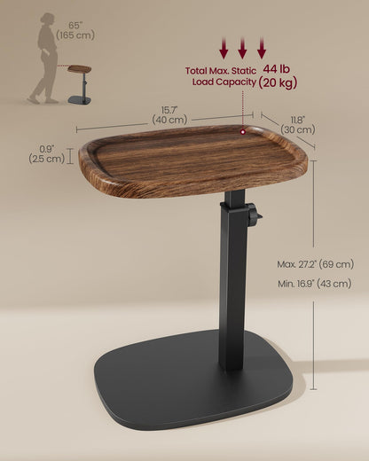 VASAGLE C Side Table Adjustable Height, Couch Sofa Table, End Table, TV Tray for Small Spaces, 11.8 x 15.7 x 27.2 Inches, for Living Room, Bedroom, Walnut Brown and Ink Black ULET363M101