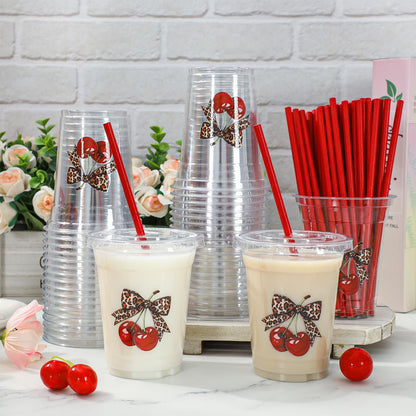 JarThenaAMCS 50Pcs Leopard Cherry Plastic Cups with Lids Straws Disposable Cups 12oz Cheetah Print Red Cherry Drinking Cup for Bride Shower Girls Night Bachelorette Party