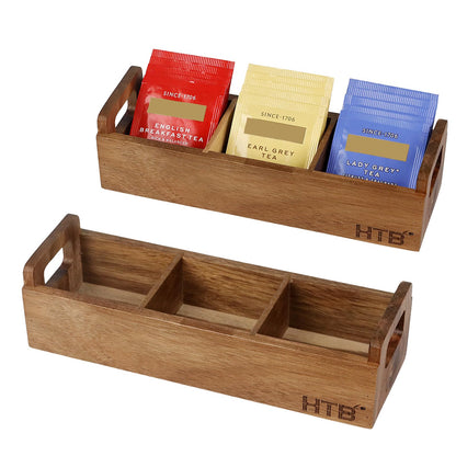 HTB Small Wooden Tea Bag Box 2PCS, 3 Compartments Acacia Wood Tea Bag Chest with Handle, Mini Countertop Divided Storage Container for Beverage Supplies, Sugar, Sweeteners, Individual Packets