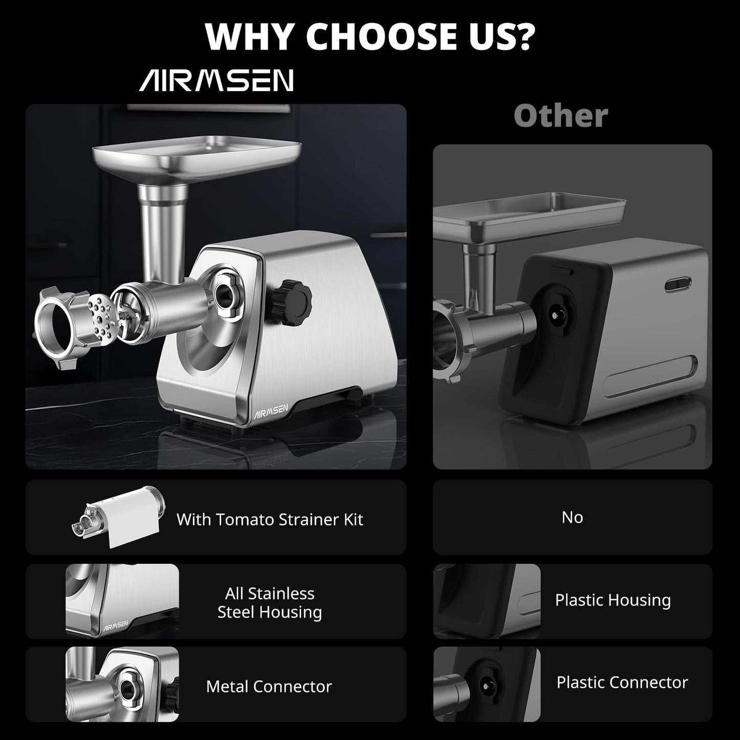 AIRMSEN Electric Meat Grinder & Tomato Sauce Press Maker with Strainer - Heavy Duty Food Mill Machine for Grinding Meat, Making Tomato Sauce, Sausage, Kibbeh for Home Kitchen Use