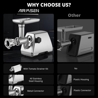 AIRMSEN Electric Meat Grinder & Tomato Sauce Press Maker with Strainer - Heavy Duty Food Mill Machine for Grinding Meat, Making Tomato Sauce, Sausage, Kibbeh for Home Kitchen Use