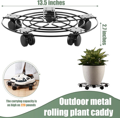 3 Packs 13.5" 5 Metal Plant Caddy with Wheels Large Wrought Iron Metal Rolling Plant Stands Heavy-duty Plant Roller Pot