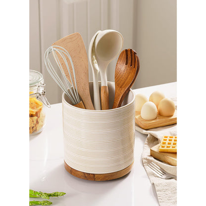 Utensil Holder, 360° Rotating Extra Large Ceramic Kitchen Utensil Holder for Countertop, 7.3“ Cooking Utensil Crocks for Kitchen Counter with Rotatable Wooden Base, Farmhouse Decor, Arctic White