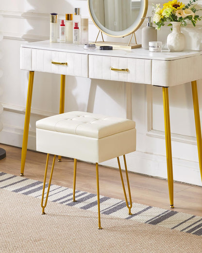 IBUYKE Multifunctional Storage Vanity Stool with Flip Tabletop, Adjustable Metal Legs & PU Leather - 40x30x48cm Ottoman Footrest for Makeup, Living Room, Entryway, White WBD014W