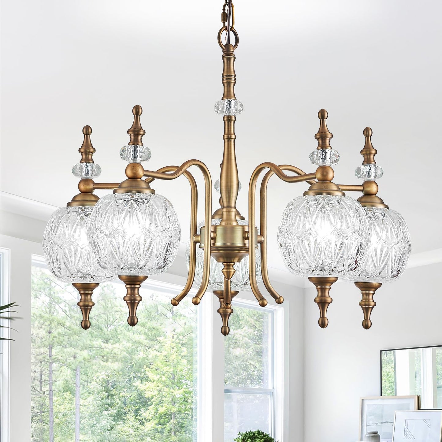 TLOLGT Chandeliers Vintage 5 Lights Brass Glass Pendant Lighting Fixtures Rustic Style Chandelier Matte Brushed Antique Brass Finish with Crystal Glass Shade for Kitchen Island Farmhouse