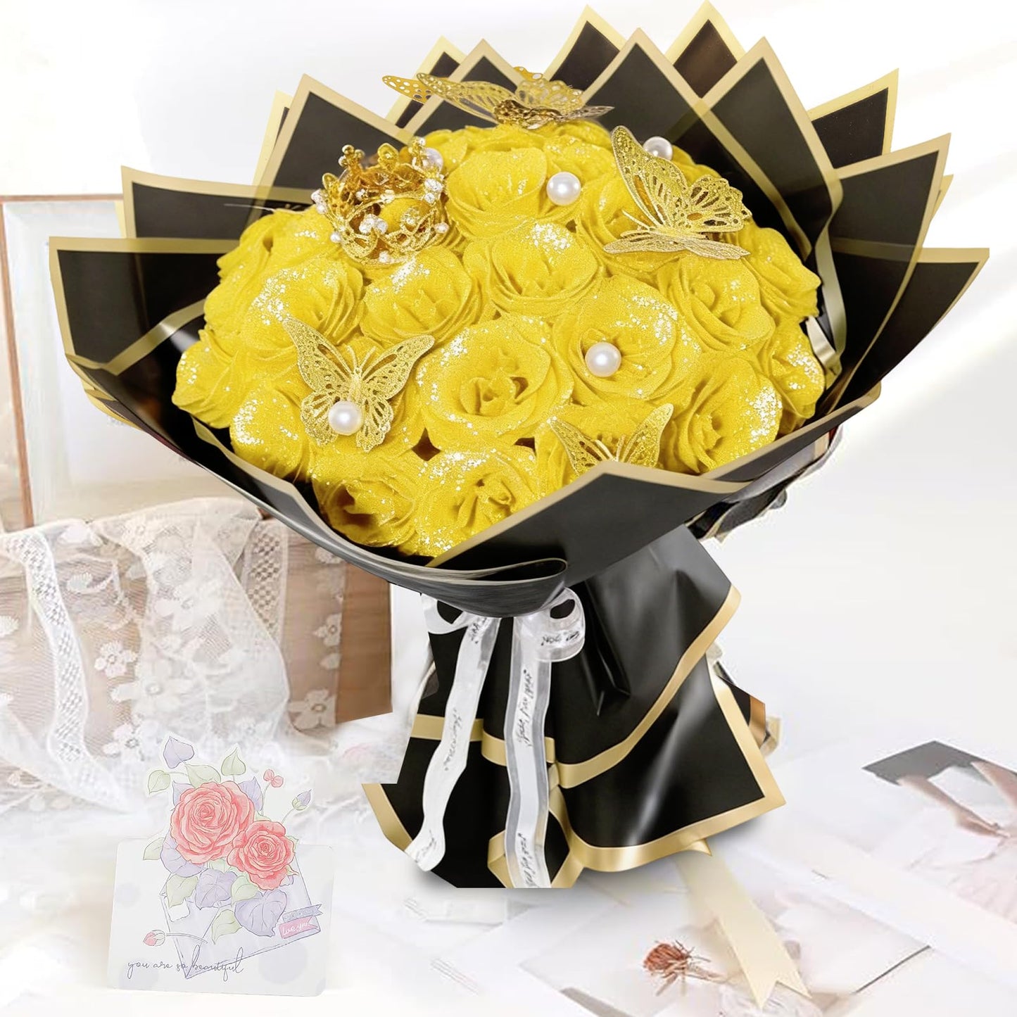 Yellow Glitter Roses Bouquet, 24 Pcs Shiny Glitter Flowers Bouquet, Everlasting Artificial Roses Bouquet for Mothers Day, Birthday, Anniversary, Wedding, Engagement, Christmas