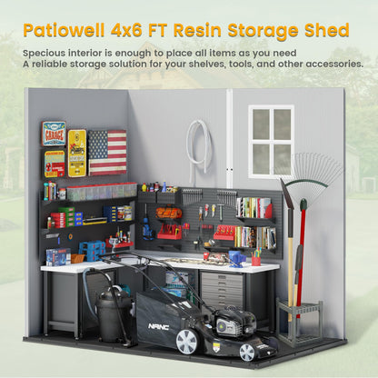 Patiowell 4 x 6 FT Plastic Outdoor Storage Shed with Floor, Resin Shed Outside Tool Shed with Window and Lockable Door for Backyard Garden Patio Lawn, Light Gray (Fit-it Shed)