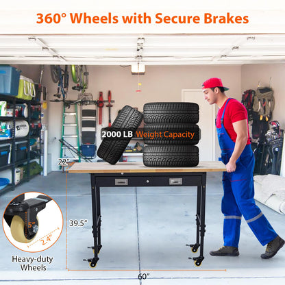 EliteEdge 60" Adjustable Work Bench, Heavy Duty Steel Frame Workbench with Storage Drawer, Wheels, 2000 Lbs Load Capacity, Rubberwood Top Work Table for Garage, Workshop, Black