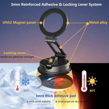 Vacuum Magnetic Phone Holder, Suction Cup Phone Mount, Foldable Strong Magnetic Cell Phone Holder for Car/Gym/Mirror/Smooth Surface,Compatible with iPhone Galaxy Phone-Black
