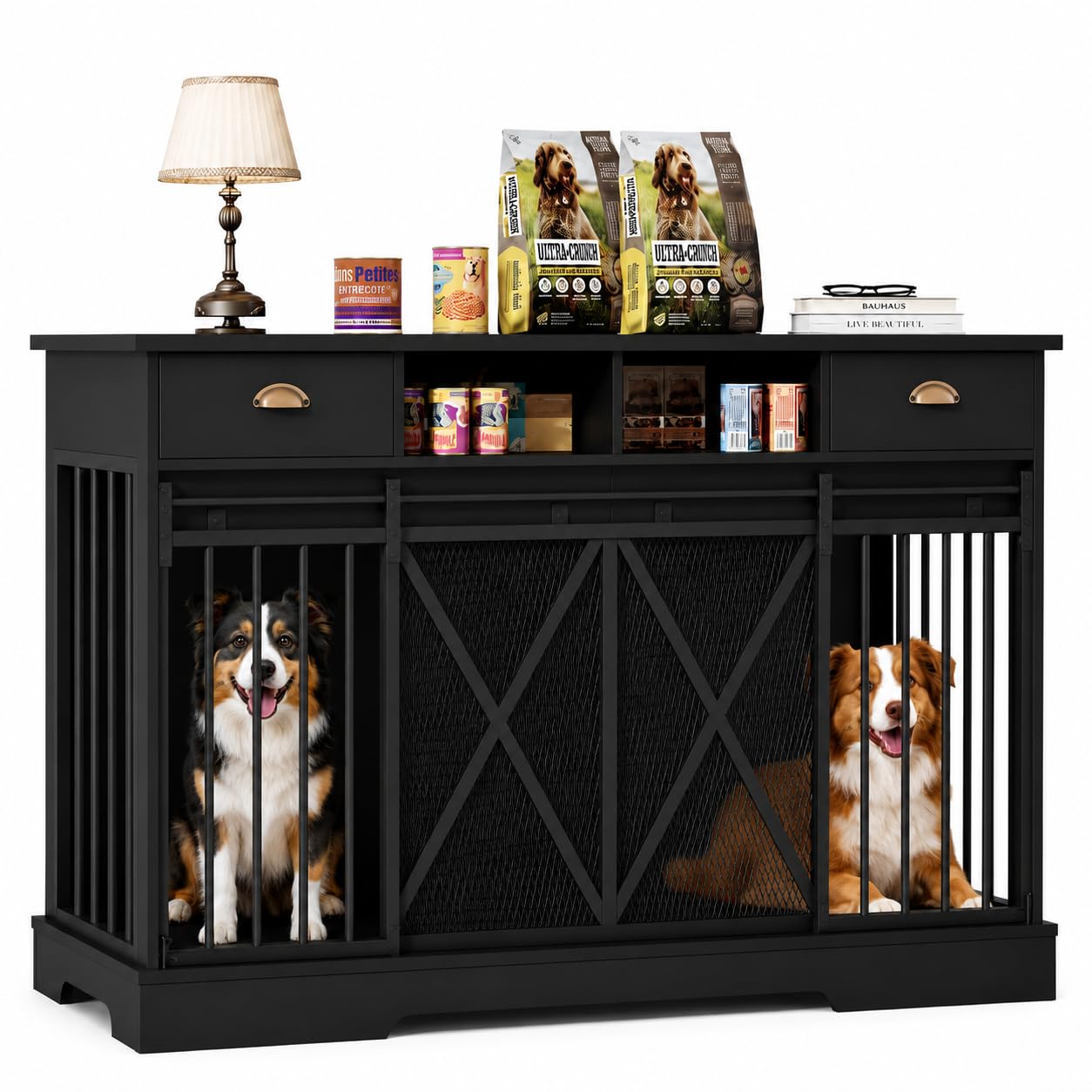 63" Large Dog Crate Furniture, Heavy Duty Indoor Dog Kennel with Removable Divider, Sliding Doors, 2 Drawers and Open Shelves, Decorative TV Stand for Living Room, Black