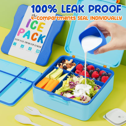 Fimibuke Chill Bento Box for Kids Adult, Leak Proof Toddler Lunch Box with Ice Pack Keep Food Cold, BPA Free 4 Compartment Lunch Container with Utensils for Girl Boy School, Microwave Dishwasher Safe