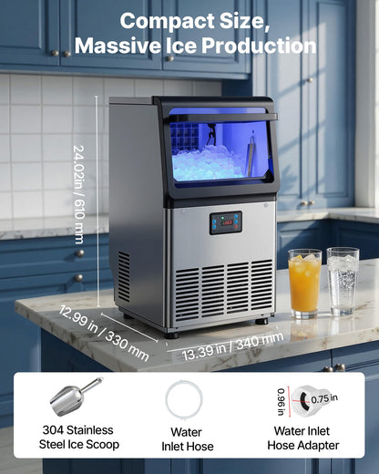 VEVOR Commercial Ice Maker Machine, 80 lbs/24h with 13 lbs Storage Capacity, Countertop/Freestanding/Under Counter, Stainless Steel Ice Maker with LED Display & Self-Cleaning, for Home Bar Restaurant