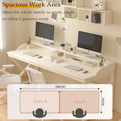 OSCHF Long Desk with Monitor Stand - 71" Double Long Computer Table for 2-Person Workstation, Large Writing Study Work Desk for Home and Office, White